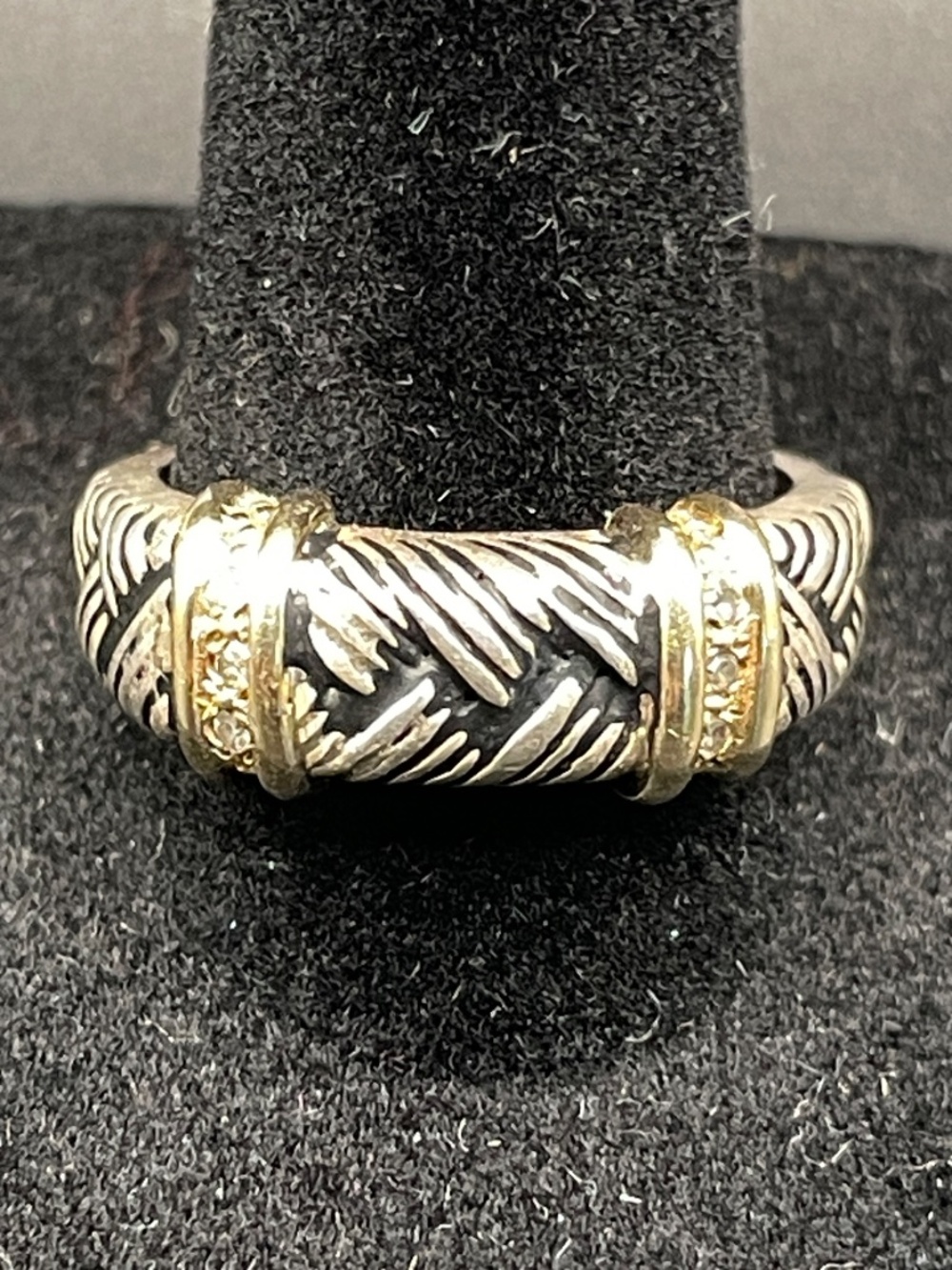 925 Sterling 14 K Gold Diamond Accented Textured Designer Ring Size 9
